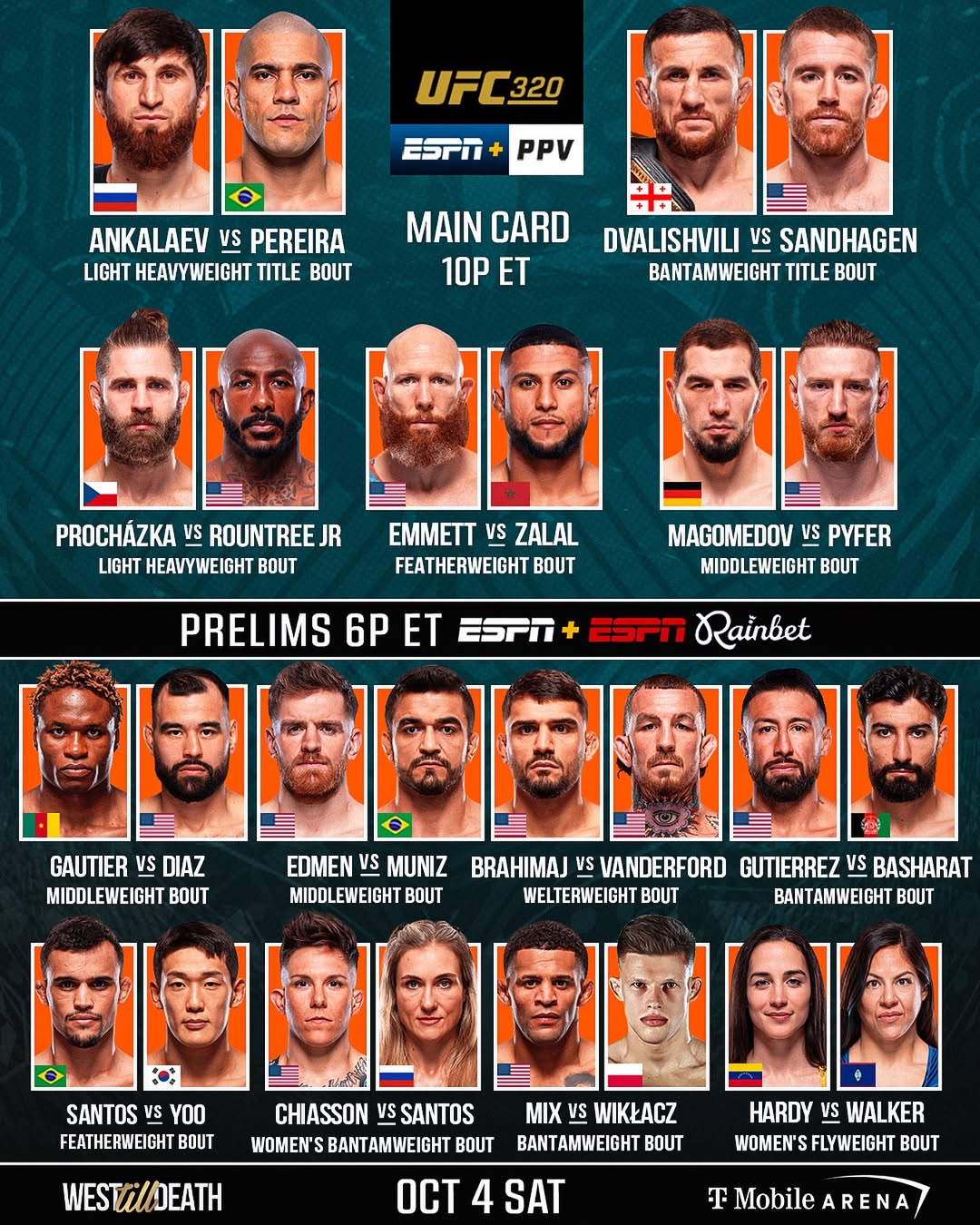 UFC 320 (tomorrow): Ankalaev vs. Pereira 2, Merab vs. Sandhagen, and Prochazka vs. Rountree — full card, start times, how to watch & tactical keys
